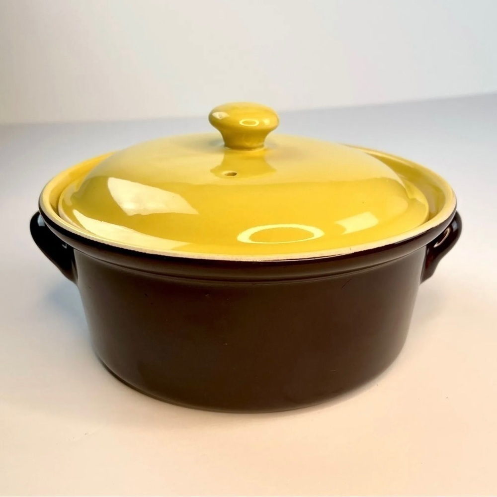 Vintage 1976 Hall Pottery and Bakeware Casserole Dish Lid Brown and Mustard